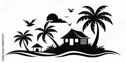 A serene tropical island scene featuring palm trees a small hut birds in flight and a tranquil ocean