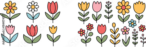 Colorful cartoon flowers set, flat illustration of cute floral icons, spring garden plants, decorative kids style botanical collection