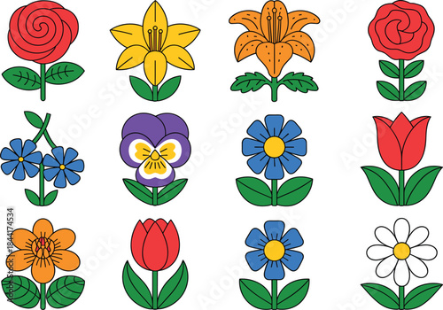 Colorful cartoon flowers set, flat illustration of cute floral icons, spring garden plants, decorative kids style botanical collection