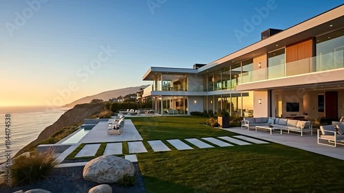 Luxurious Modern Cliffside Mansion with Ocean Views at Sunset.