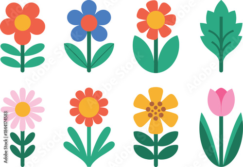 Colorful cartoon flowers set, flat illustration of cute floral icons, spring garden plants, decorative kids style botanical collection