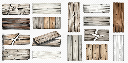 Collection of various aged and weathered wooden planks, panels, and signs with rustic textures.