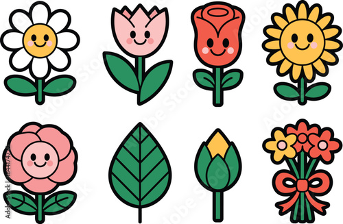 Colorful cartoon flowers set, flat illustration of cute floral icons, spring garden plants, decorative kids style botanical collection
