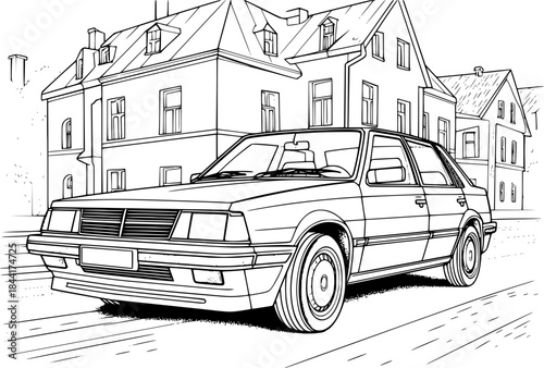 Abstract retro car on urban background, in black and white ink drawing style for adult coloring book