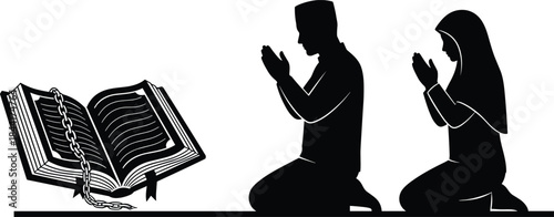 Black Silhouette Vector of a Muslim Couple Praying Kneeling Beside an Open Holy Book with Chain, Representing Faith, Religion, and Devotion.