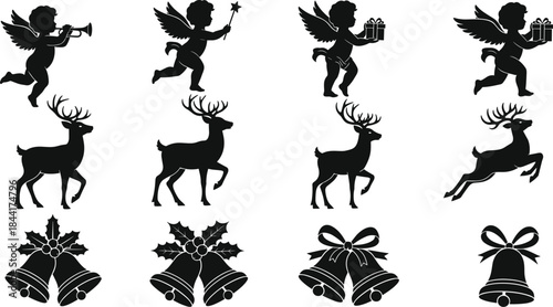 Christmas Holiday Silhouettes Set, Cherubs with Gifts and Trumpets, Reindeer Poses, and Decorative Holly Bells Vector Collection Isolated on White.