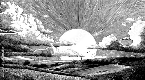 Dramatic sunrise breaking through clouds over rolling hills in vintage woodcut engraving illustration