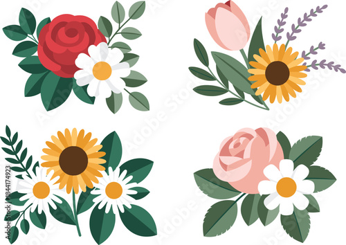 Colorful cartoon flowers set, flat illustration of cute floral icons, spring garden plants, decorative kids style botanical collection