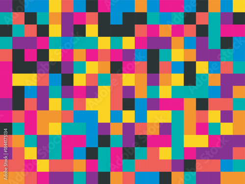 Colorful geometric mosaic pattern with vibrant squares and black grid lines
