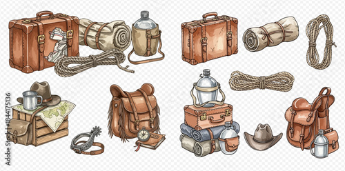 Set of vintage travel and adventure gear illustrations, including suitcases, backpacks, and camping equipment.