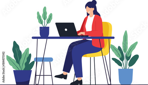 Flat design vector illustration of a happy woman working remotely on her laptop in a comfortable home office setting
