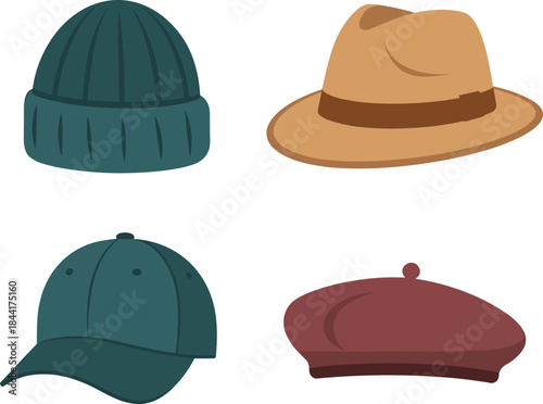 Hat collection icons set, flat illustration of winter beanie fedora cap visor and beret, stylish headwear fashion accessories