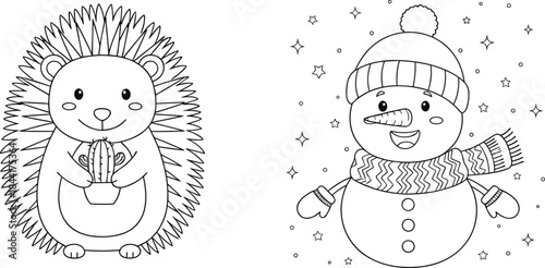 Cute winter hedgehog and snowman coloring page illustration set, adorable outline vector for kids, coloring books, education and holiday creative activities