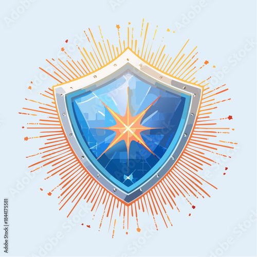 Shield icon. Blue shield with orange star. Vector illustration of protection symbol. Shield with rays. Protective emblem. Security icon. Abstract shield logo. Vector graphic.