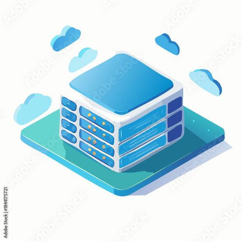 Cloud server storage. Isometric data center illustration. Blue cloud computing icon. Server farm on green platform. Vector database storage.