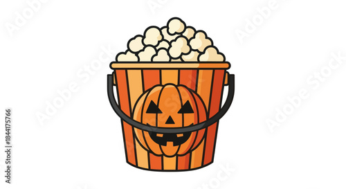 A festive cartoon Halloween popcorn bucket with a smiling jack-o-lantern design and orange stripes.