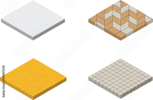 Isometric floor tile textures set, concrete wood hexagon and grid paving slabs, 3D geometric surface illustration
