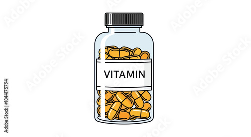 Illustration of a Clear Glass Vitamin Bottle Filled with Yellow Capsules and a Black Cap Labeled VITAMIN.