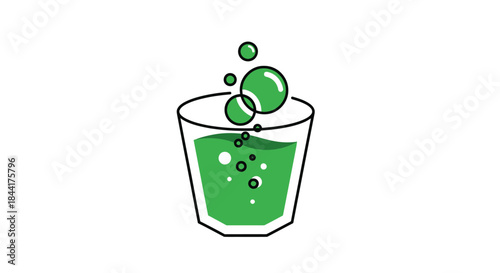 A simple black-outlined glass containing a vibrant green bubbling fizzy liquid or potion.