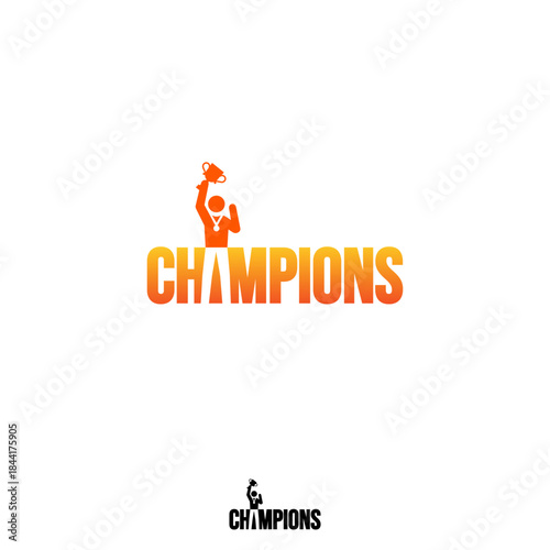 Champions Wordmark Logo - The winner celebrate his victory by lifting the trophy, at letter A.