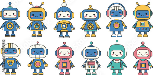 Cute robot character illustration set with smiling androids and colorful designs, playful vector collection for kids, technology, education and game design projects