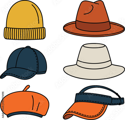 Hat collection icons set, flat illustration of winter beanie fedora cap visor and beret, stylish headwear fashion accessories