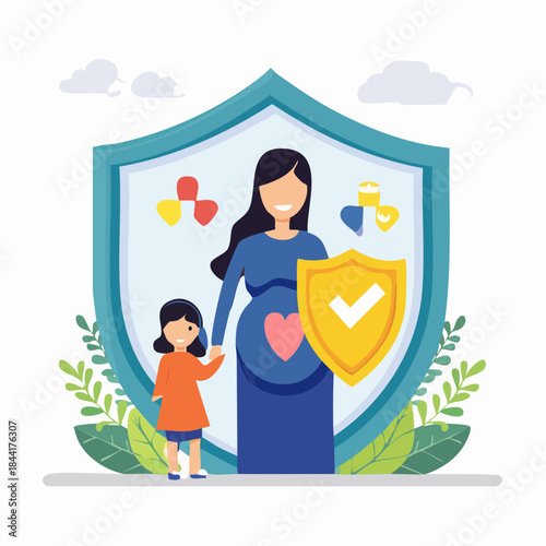 Mother protecting child. Woman and kid behind shield. Health safety protection. Family care concept. Vector illustration on white background. Shield with checkmark. Heart symbol. Protective