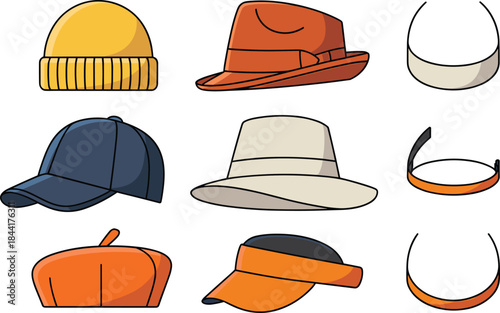 Hat collection icons set, flat illustration of winter beanie fedora cap visor and beret, stylish headwear fashion accessories