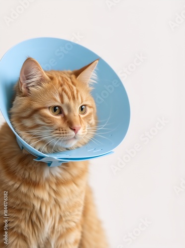 A ginger tabby cat wears a blue recovery collar. Vertical portrait of a sad fluffy pet after surgery. Veterinary medicine and animal health concept with copy space