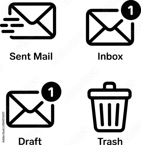 Essential Email Interface Icons Set - Sent Mail, Inbox Notification, Draft Message, and Trash Can - Minimalist Black Line Vector Graphics for Web and Mobile UI/UX Design Elements.