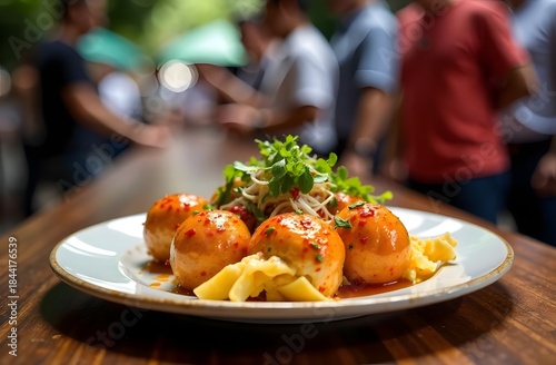 A plate of delicious meatballs in a spicy sauce and herbs sits on a wooden table near the food court, with people queuing in the blurred background.