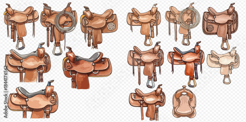Collection of watercolor western saddles for horseback riding, equestrian sport, and cowboy lifestyle.