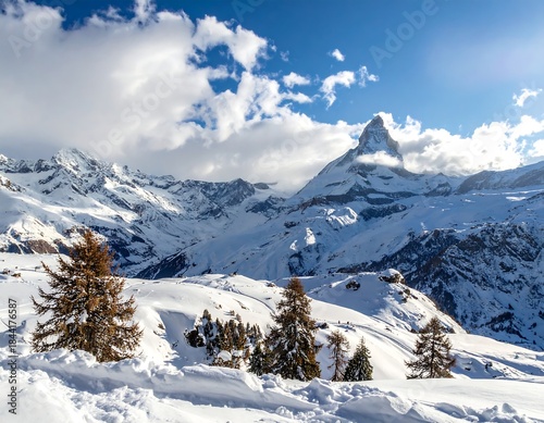 Snowy mountainscape with iconic peak under a partly cloudy, brilliant blue sky. Winter scenery