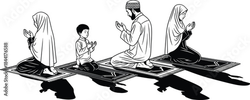 Muslim Family Silhouettes Praying on Rugs, Illustrating Islamic Religion, Worship, Tradition, and Culture for Ramadan and Eid Mubarak Concepts.