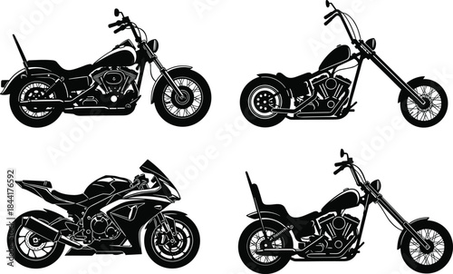 Motorcycle silhouette illustration set with cruiser, chopper and sport bikes, black vector collection for transport, racing, custom garage and automotive design projects