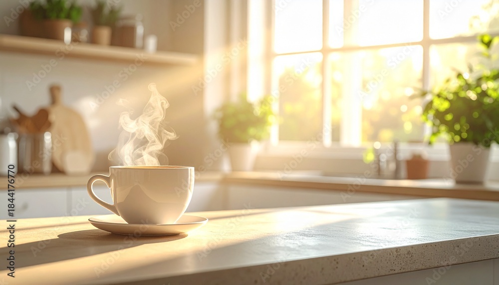 Obraz premium Authentic morning coffee at home, handheld candid, soft daylight through window, copy space on countertop, natural skin tones, subtle film grain, brand-safe kitchen, UGC vibe but premium, stock-ready 