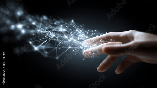 Hand Reaching Out to Touch a Digital Network Concept Representing Technology and Innovation with Glowing Nodes and Connections in Dark Background
