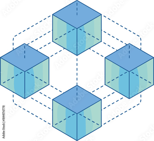 Isometric connected cubes illustration, abstract blockchain network concept, 3D geometric data blocks, modern technology and decentralization design