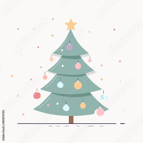 Christmas tree. Decorated tree. Green tree with ornaments. Colorful balls. Star on top. Holiday symbol. Winter festive icon. Vector illustration. White background.