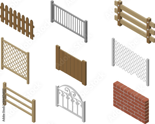 Isometric fence and barrier icons set, wooden metal mesh and brick fences, construction boundary elements illustration