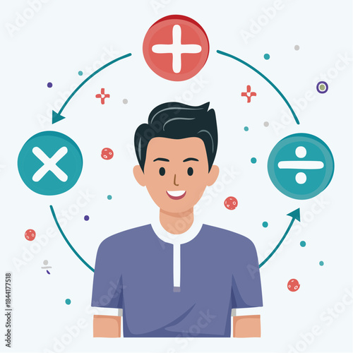 Cartoon man with plus, minus, and times math symbols. Vector illustration of person with mathematical signs. Simple flat style. White background. Educational or business concept.