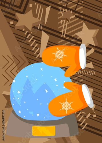 Mitten Glove and Snow Globe geometrical graphic retro theme background. Minimal geometric elements. Vintage abstract shapes vector illustration.