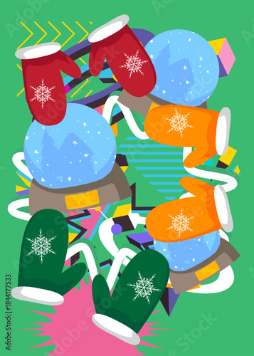 Mitten Glove and Snow Globe geometrical graphic retro theme background. Minimal geometric elements. Vintage abstract shapes vector illustration.