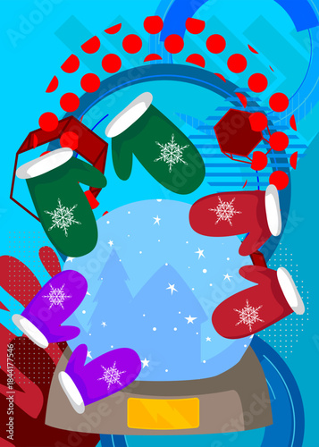 Mitten Glove and Snow Globe geometrical graphic retro theme background. Minimal geometric elements. Vintage abstract shapes vector illustration.