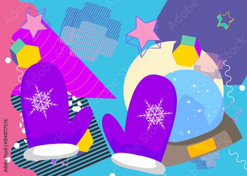Mitten Glove and Snow Globe geometrical graphic retro theme background. Minimal geometric elements. Vintage abstract shapes vector illustration.