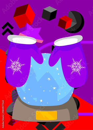 Mitten Glove and Snow Globe geometrical graphic retro theme background. Minimal geometric elements. Vintage abstract shapes vector illustration.