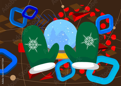 Mitten Glove and Snow Globe geometrical graphic retro theme background. Minimal geometric elements. Vintage abstract shapes vector illustration.