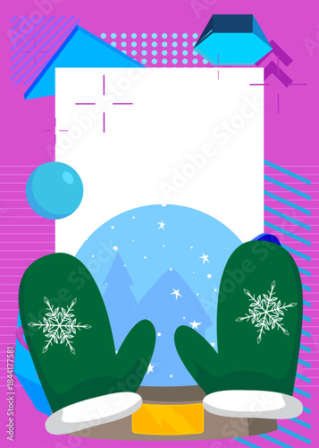 Mitten Glove and Snow Globe geometrical graphic retro theme background. Minimal geometric elements. Vintage abstract shapes vector illustration.