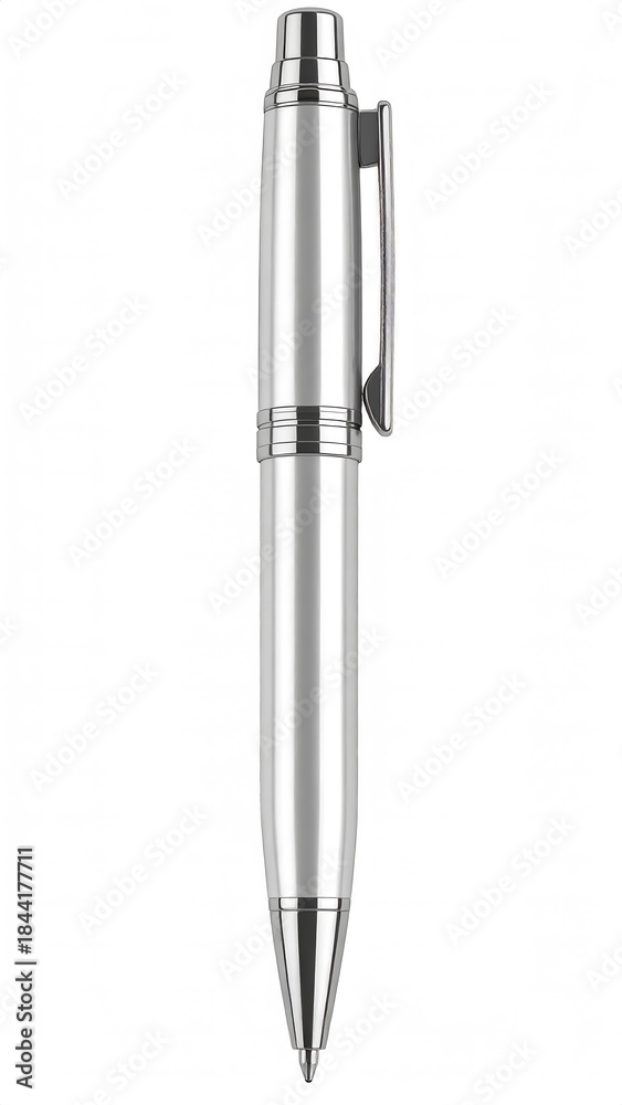 Naklejka premium A gleaming, silver pen stands vertically, rendered against a pristine white background. It features a clip, elegant design, and a conical tip