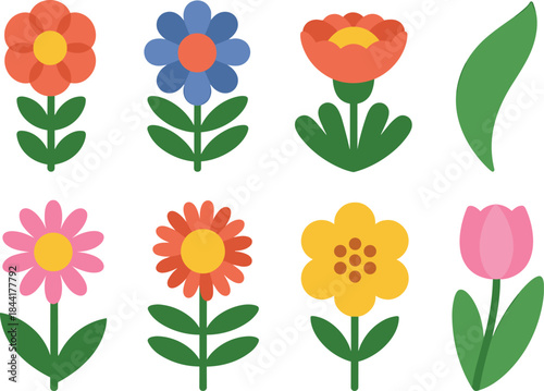 Colorful cartoon flowers set, flat illustration of cute floral icons, spring garden plants, decorative kids style botanical collection